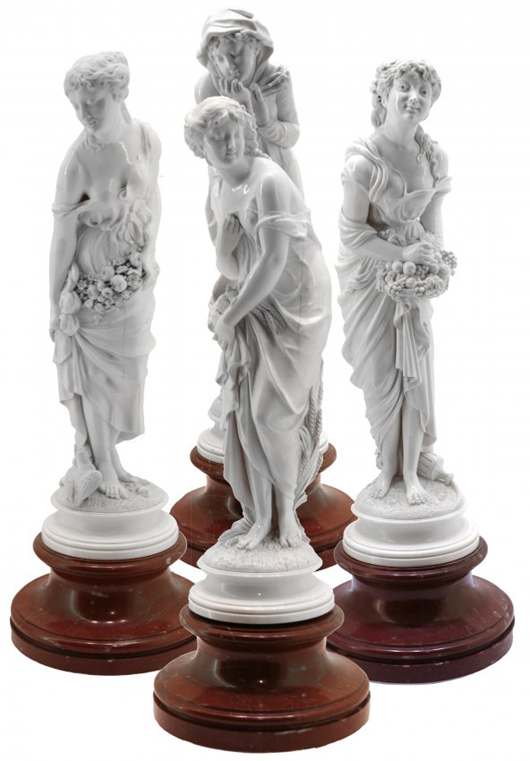 Continental carved ivory Four Seasons, each one of a standing female figure, 23 1/2 inches tall. A.B. Levy image.
